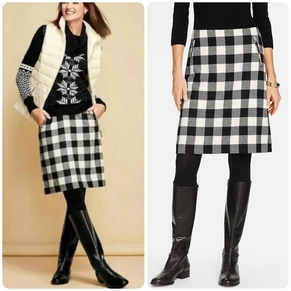 Talbots Wool Blend Black/ Ivory Buffalo Plaid/Checked Skirt with Pockets Size 8 - Picture 1 of 9